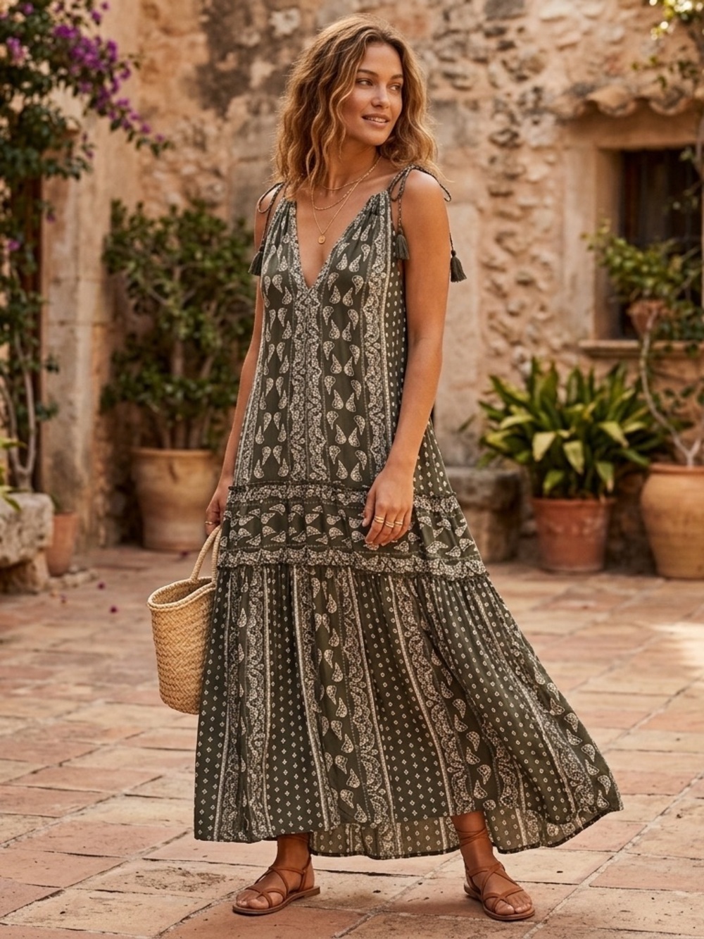 World Market Green Printed Tiered Sleeveless Sundress Boho Cottage Women’s S/M